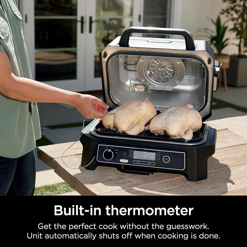 7-in-1 Grill & Smoker with Thermometer. Air Fryer. BBQ. Bake. Roast. Broil - Portable Electric Outdoor Grill. Grey