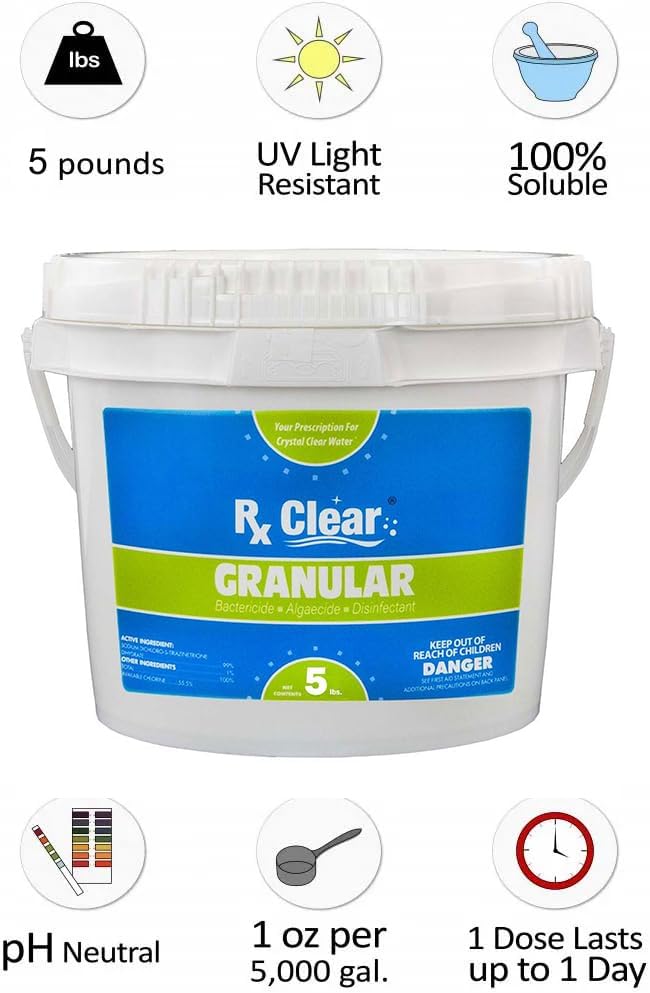 Clear Stabilized Granular Chlorine | One 50-Pound Bucket | Use As Bactericide. Algaecide. and Disinfectant in Swimming Pools and Spas | Fast Dissolving and UV Protected