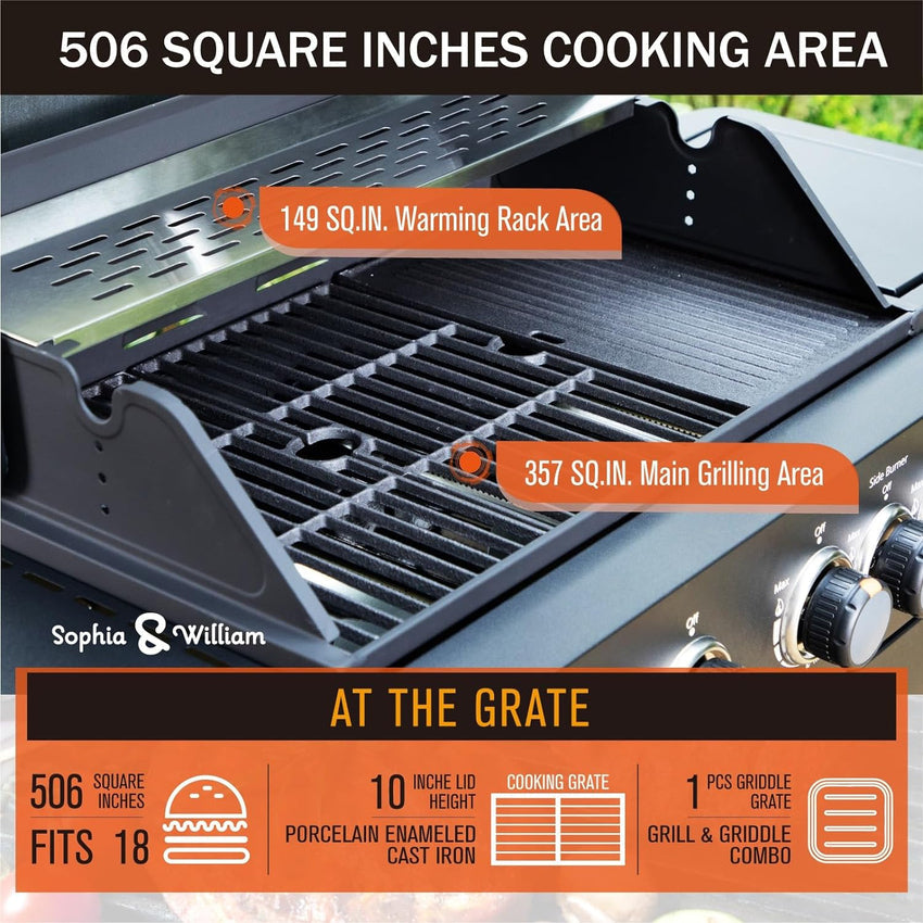 Burner Gas grill with side burner and enameled cast iron grille 42.000BTU outdoor cooking stainless steel propane grill Garden grill. silver
