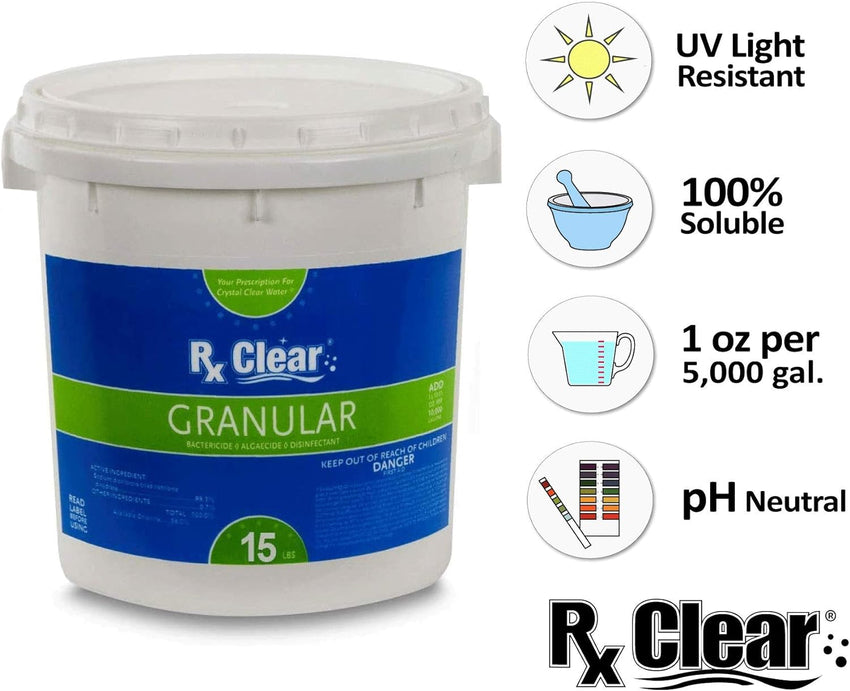 Clear Stabilized Granular Chlorine | One 50-Pound Bucket | Use As Bactericide. Algaecide. and Disinfectant in Swimming Pools and Spas | Fast Dissolving and UV Protected