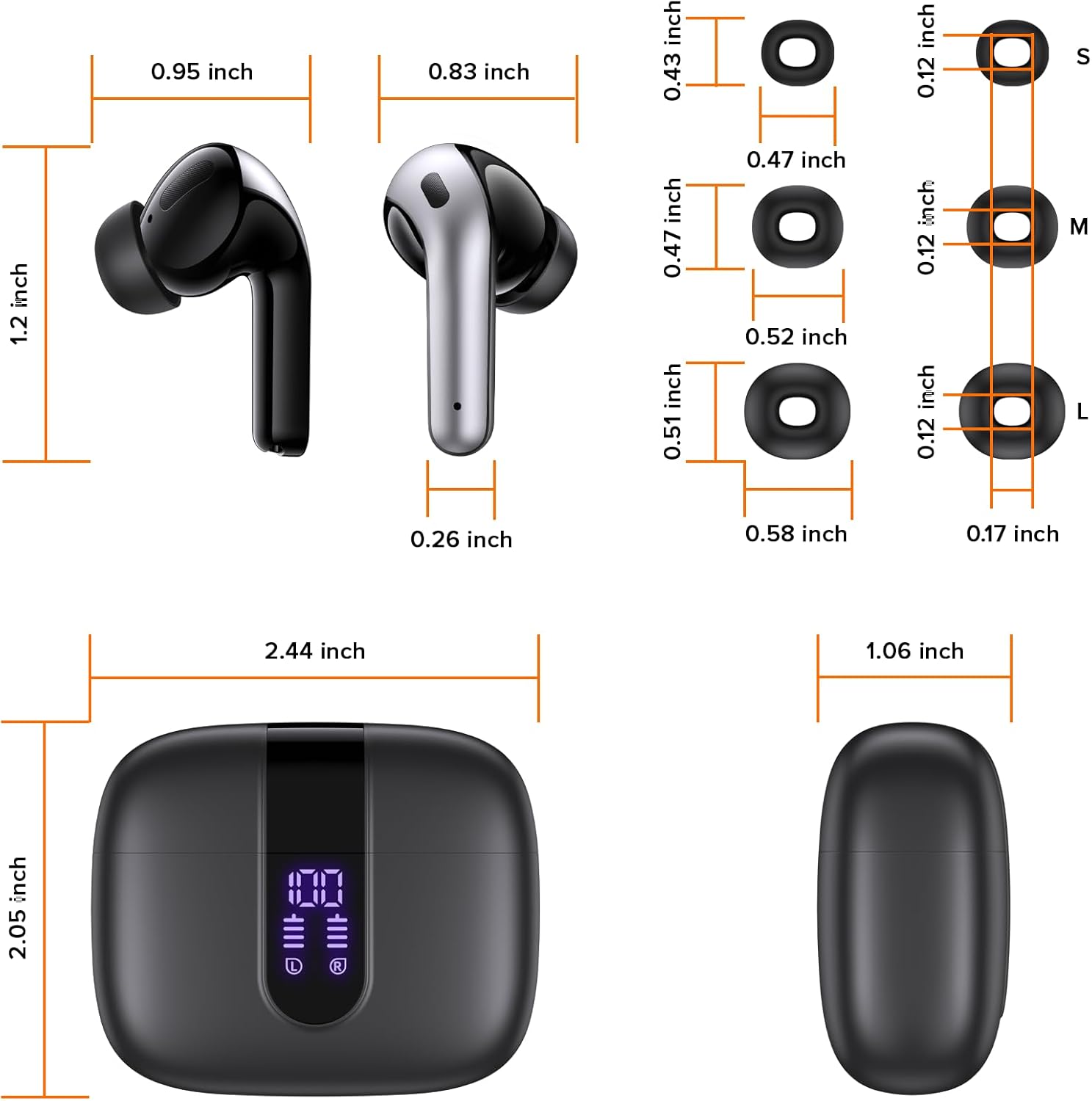 Bluetooth Earbuds: 60-Hour Battery Life, Wireless Charging Case, IPX5 Waterproof In-Ear Headphones (with Microphone)