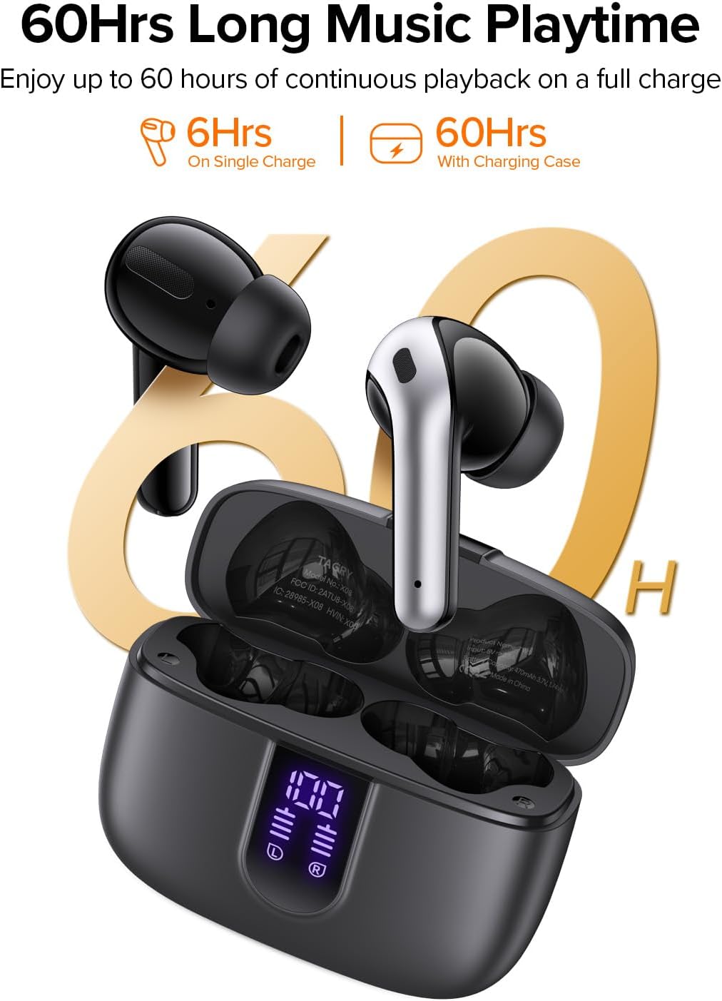 Bluetooth Earbuds: 60-Hour Battery Life, Wireless Charging Case, IPX5 Waterproof In-Ear Headphones (with Microphone)