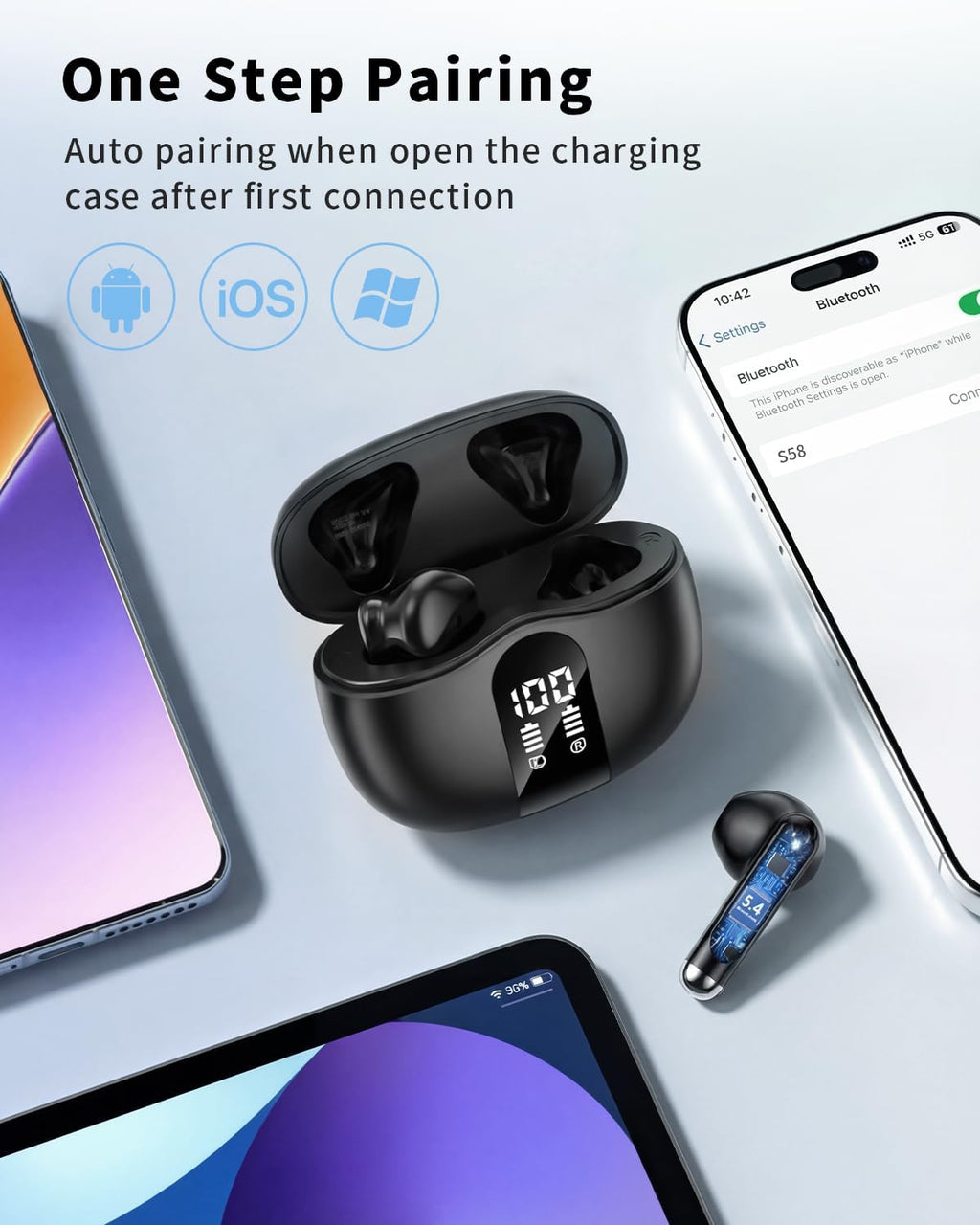 2026 model Bluetooth 5.4 headphones featuring deep bass stereo sound and a noise-canceling microphone.