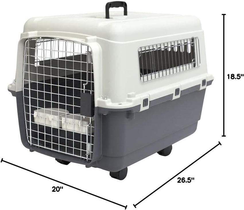 SportPet Designs Plastic Kennels Rolling Plastic Airline Approved Wire Door Travel Dog Crate. XXX-Large. Gray
