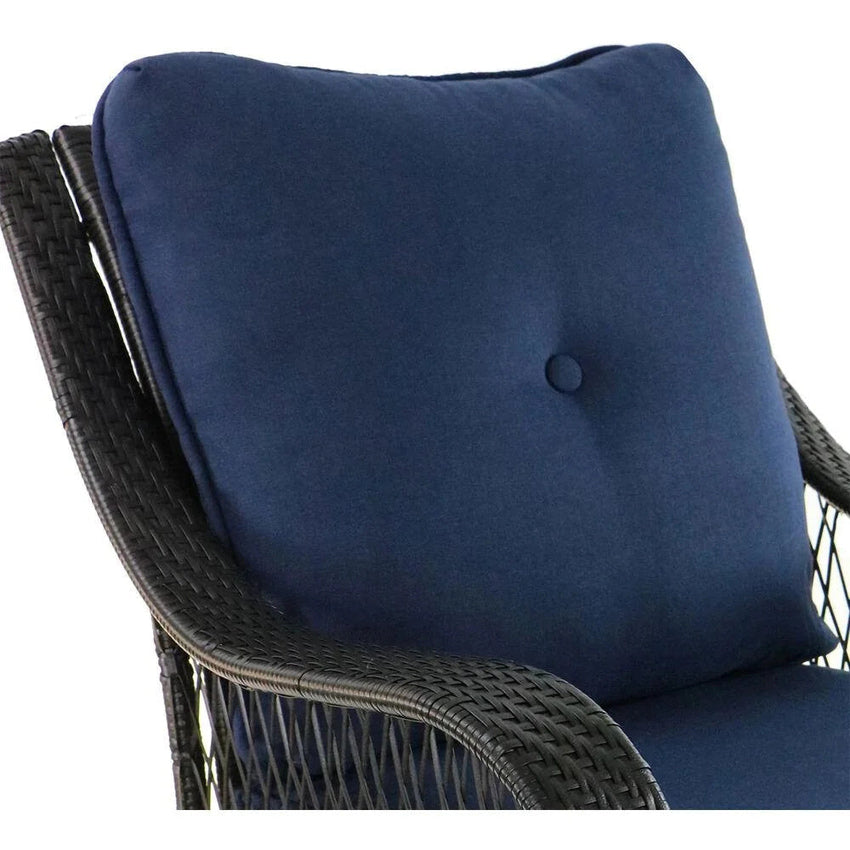 5-Piece Steel Patio Fire Pit Conversation Set with Navy Blue Cushions. Swivel Gliders and Square Fire Pit Table