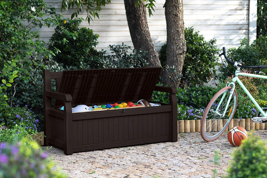 Keter Solana 70 Gallon Storage Bench Deck Box for Patio Furniture. Front Porch Decor and Outdoor Seating – Perfect to Store Garden Tools and Pool Toys. Brown