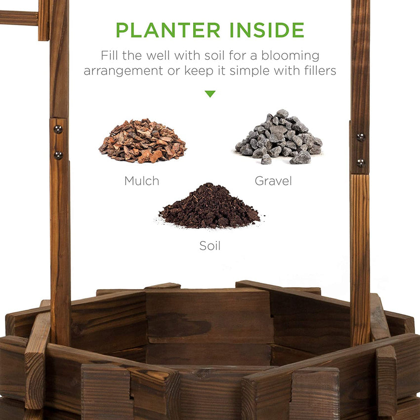 Best Choice Products Rustic Wooden Wishing Well Planter Outdoor Home Décor for Patio. Garden. Yard w/Hanging Bucket