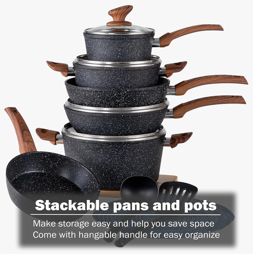 Kitchen Academy Induction Cookware Sets - 12 Piece Green Cooking Pan Set. Granite Nonstick Pots and Pans Set
