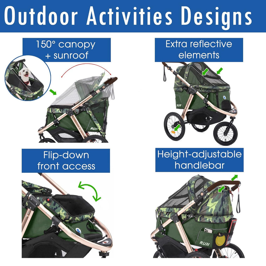 Jogging Sports Stroller with Comfort Rubber Wheels/Zipper-Less Entry/1-Hand Quick Fold/Aluminum Frame for Small/Medium Dogs. Cats and Pets (Green Camo)