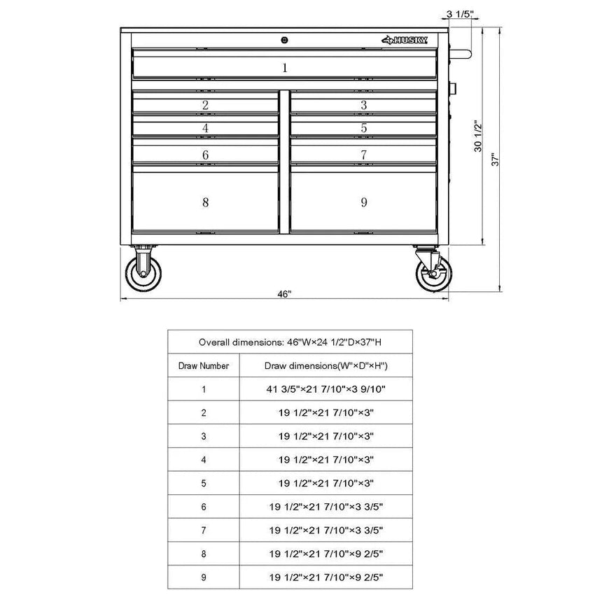 46 in. W x 24 in. D 9-Drawer Gloss Black Deep Tool Chest Mobile Workbench