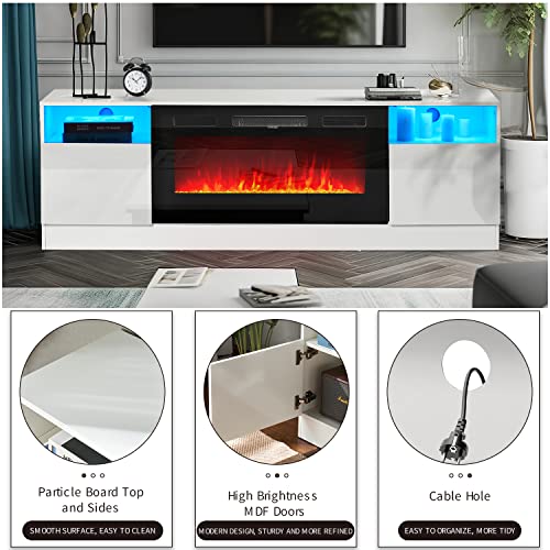 Oneinmil Fireplace TV Stand with 36 Electric Fireplace. LED Light Entertainment Center. Modern Wood. White