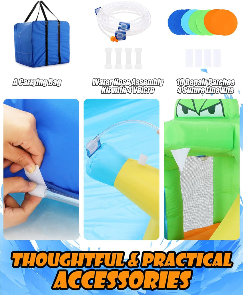 Inflatable Water Slides for Kids 8-in-1 Bounce House Water Park with 450W Blower Climbing Wall. Splash Pool. 2 Water Cannons. Basketball Hoop. Water Slide. Crocodile Sprinkler for Gift Backyard Party
