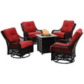 5-Piece Steel Patio Fire Pit Conversation Set with Navy Blue Cushions. Swivel Gliders and Square Fire Pit Table