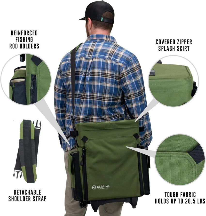 Elkton Outdoors Rolling Tackle Box with Wheels - Waterproof Rolling Fishing Backpack. 5 Removable Tackle Trays. 4 Rod Holders. Fishing Gifts for Men. Fish Tackle Bag. Roller Tackle Box